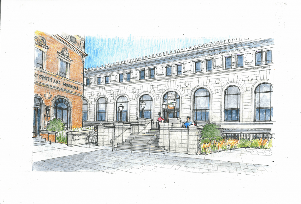 Artist rendering of the Central Library renovations looking towards the library