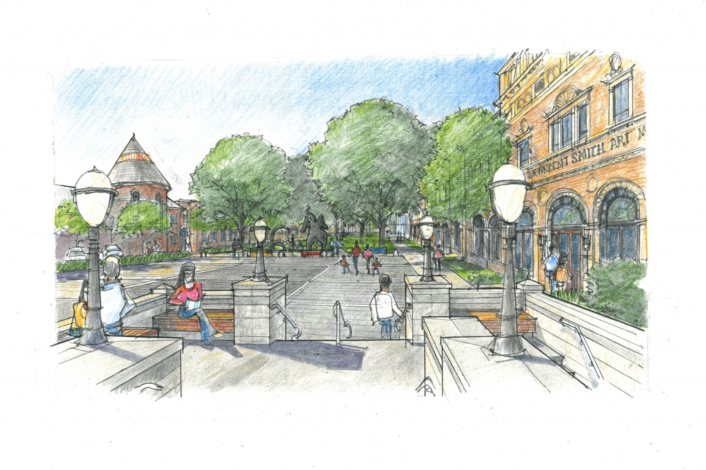 Artist rendering of the Central Library Plaza looking out toward the Springfield Museum Quadrangle