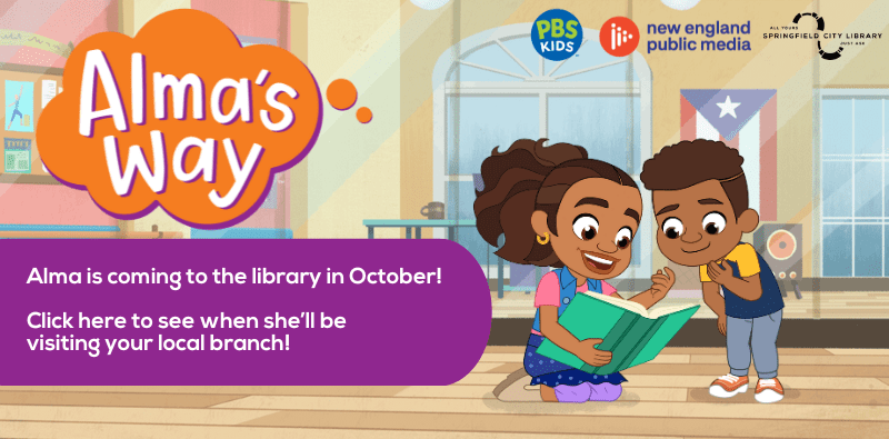 Image of two children reading a book in a mirrored dance studio. Text reads: Alma's Way. Alma is coming to the library in October! Click here to see when she'll be visiting your local branch.