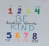 Quilt square with numbers 1-8 in bright colors. It says. "Be Kind, kindness counts"