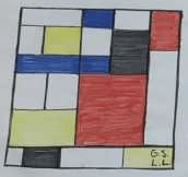 Quilt square with geometric shapes in black, yellow, blue, and red, inspired by the art of Piet Mondrian.