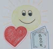 Quilt square depicting a smiling sun, a red heart, and a book.