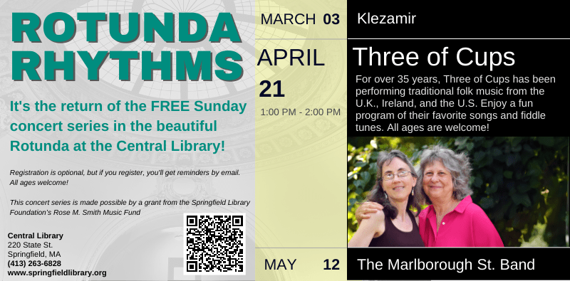 Rotunda Rhythms, free Sunday concert series in the Rotunda at Central Library. April 21 at 1 PM, Three of Cups is performing. Click here for more info.