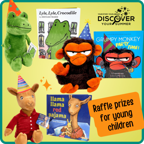 Three available raffle prizes for young kids - a stuffed animal and book combo for Lyle, Lyle, Crocodile; Grompy Monkey Party Time; and Llama Llama Red Pajama