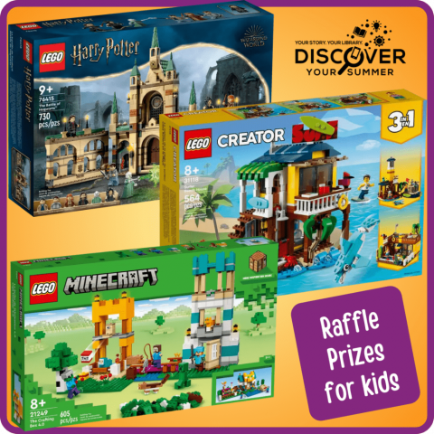 Kids raffle prizes. Three lego sets - a surf hut, minecraft kit, and Hogwarts castle