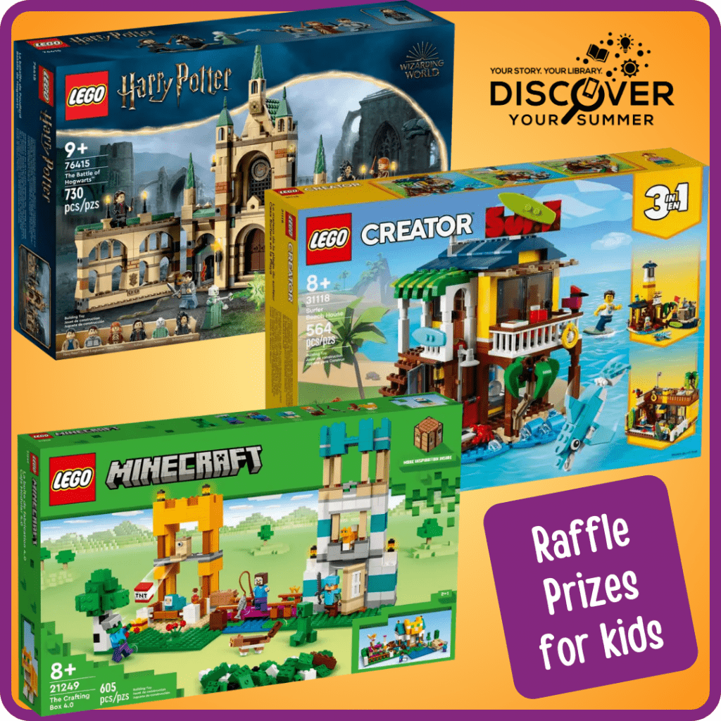 Kids raffle prizes. Three lego sets - a surf hut, minecraft kit, and Hogwarts castle