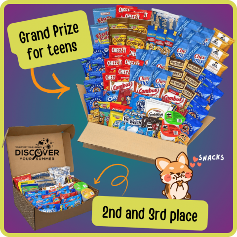 Teen Grand Prize - a giant snack box with 75 items including chex mix, fruit snacks, and cookies. 2nd and 3rd place prizes receive a smaller snack box