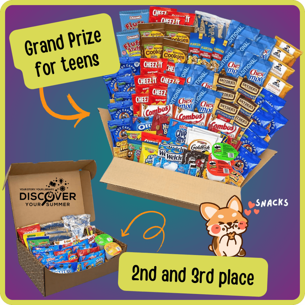 Teen Grand Prize - a giant snack box with 75 items including chex mix, fruit snacks, and cookies. 2nd and 3rd place prizes receive a smaller snack box