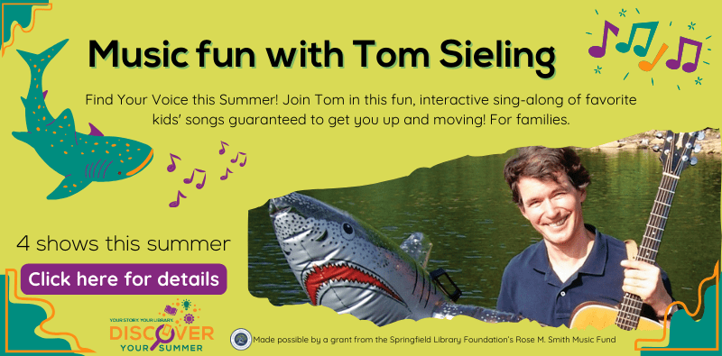 Music fun with Tom Sieling, 4 shows this summer, Click here for details. The image is of a man with an inflatable shark, holding a guitar and surrounded by musical notes.