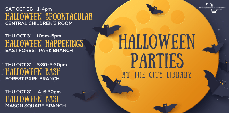 Halloween Parties at the City Library. A large harvest moon is surrounded by bats, with a listing of halloween parties to one side. Click the image to go to our calendar for details.