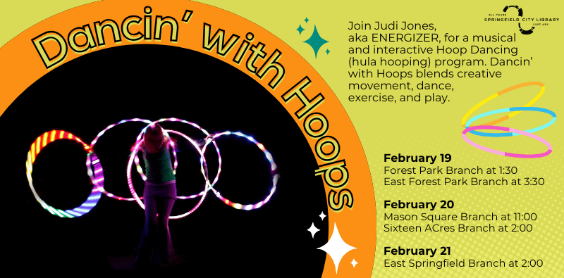 Dancin with Hoops - musical interactive hula hooping with Judi Jones. February 19, 20, and 21 - click the image for further details.