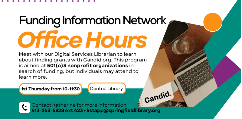 Funding Information Network office hours - 1st Thursday of the month at 10am at the Central Library. Click the image for more info.