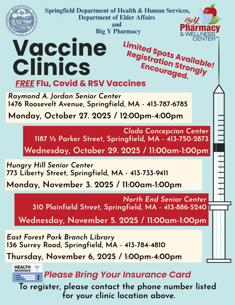Flyer for the free vaccine clinics. All information is included in the body of the post.
