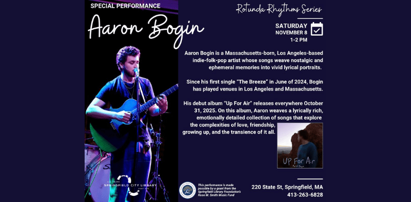 Aaron Bogin concert at Central Library on Saturday, November 8 at 1pm.
