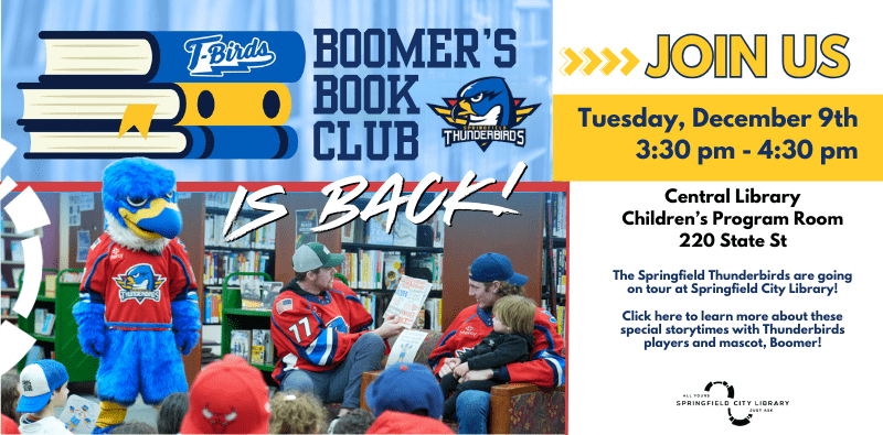 Boomer's book club program at Central Library on December 9 at 3:30pm