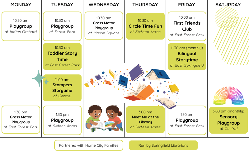 A visual representation of all the story times listed above, in a weekly calendar format