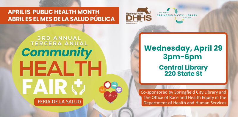 Graphic promoting Community Health Fair on April 29 with photograph of images in background