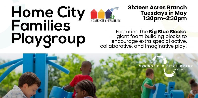 Photograph of diverse children playing with blue giant, foam building blocks to promote special playgroup series at Sixteen Acres Branch