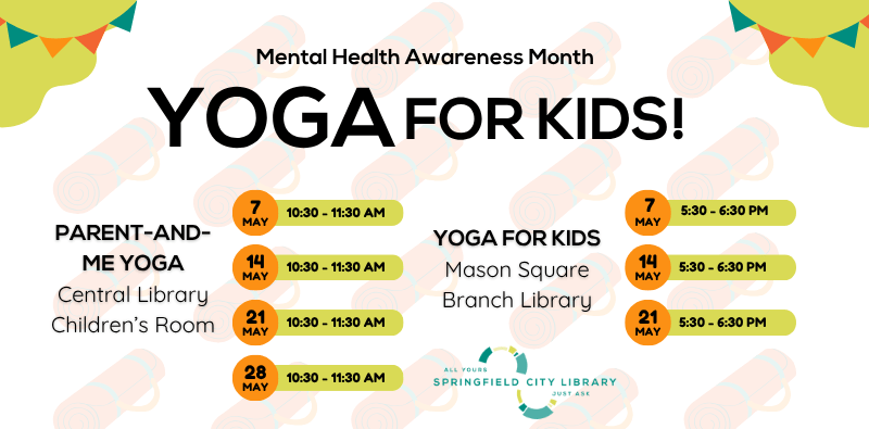 Graphic to promote Yoga for Kids at Central Library and Mason Square