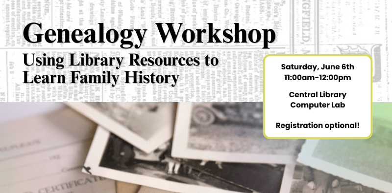 Photograph of polaroid pictures and family papers to promote a Genealogy Workshop at Central Library
