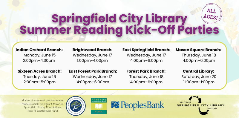 Springfield City Library Summer Reading Kick-off Parties slider Graphic to promote summer reading kick-off parties