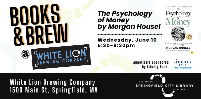 Graphic for Books & Brew Book Club at White Lion and book cover for The Psychology of Money