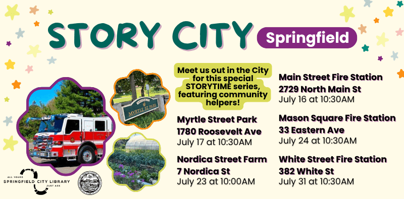 HOME PAGE SLIDERS (36) Story City Springfield: Images of fire truck, park sign, and community garden to promote a special storytime series in the community