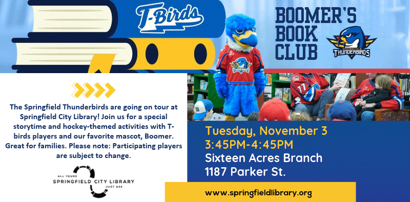 Springfield Thunderbirds mascot, Boomer, reading with hockey players and children