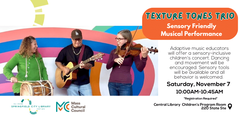 Picture of the three musicians of the Texture Tones Trio playing a guitar, a drum, and a violin