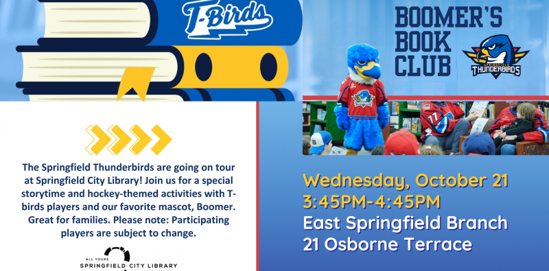 ES Boomer 2026 Springfield Thunderbirds mascot, Boomer, reading with hockey players and children